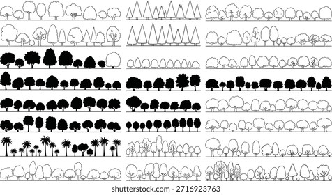 Una ilustración de múltiples filas de árboles en tinta negra sobre papel blanco con líneas