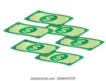 Ilustração de várias notas de dólar dispersas formando um layout dinâmico, representando abundância financeira e oportunidade em um design limpo. Conceito monetário