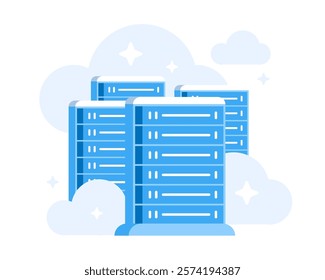 Illustration of multiple servers, hosting and data storage in flat style.