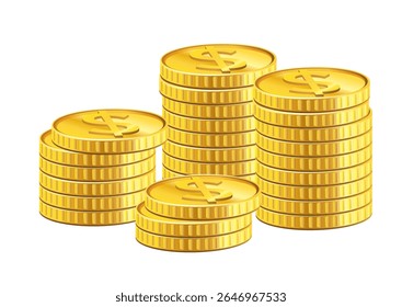 Ilustração de várias pilhas de moedas de ouro brilhante que representam riqueza e prosperidade em um design vibrante. Conceito financeiro