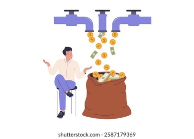 Illustration of multiple streams income. Men relax while enjoying passive income from multiple streams. Illustrations for websites, landing pages, mobile apps, posters and banners