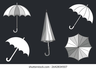 Illustration of multiple umbrellas in different colors and angles, flat vector weather design, minimal rain gear collection, cartoon umbrellas set for print, web, decor, and educational materials

