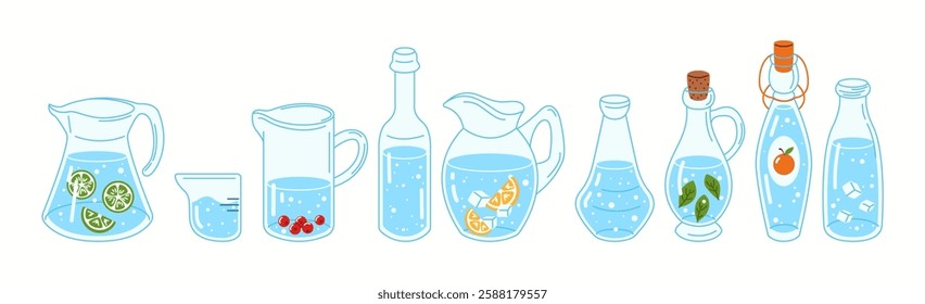 Illustration of multiple water jugs, bottles, and pitchers, representing a variety of storage options for clean drinking water.