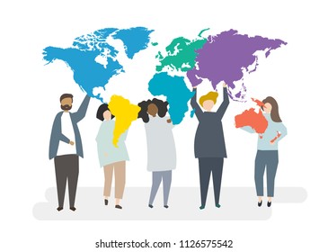 Ilustración de personajes multirraciales con concepto global