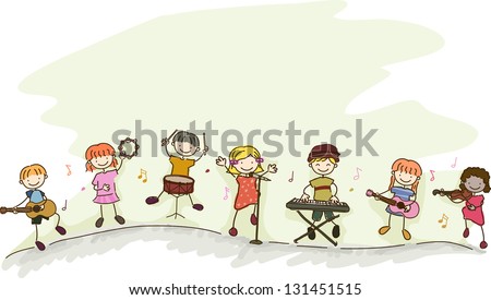 Illustration of Multi-racial Kids playing different musical instruments Foto d'archivio © 