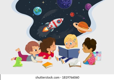 Illustration of multiracial kids sitting on the floor and reading the astronomy book. Imaging space, rockers stars, galaxy, and planets. Reading and exploring concept.