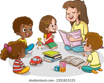 Ilustración de niños multirraciales y profesores sentados en el suelo y leyendo el libro. Lectura y exploración