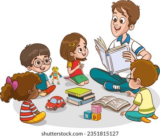 Illustration of multiracial kids and teacher sitting on the floor and reading the book.Reading and exploring