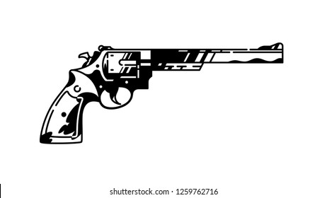 Illustration of a multi-shot revolver. Vector. Painted gun. Black and white contour graphic drawing. Tattoo. Decorative vintage element for design.