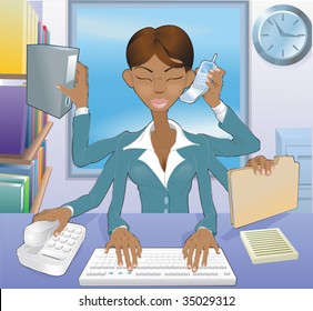 Illustration of multi-tasking black business woman in office environment