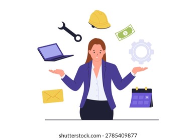 Illustration of Multitasking Professional in Modern Gig Economy. A professional businesswoman balancing multiple tools like construction gear, a laptop, and finances, representing the gig economy