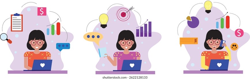 Ilustração de uma mulher multitarefa no trabalho. Ilustração de vetor plano. Conceito de trabalho de escritório.