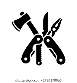 Illustration of a multi-tool with an axe, knife, pliers, and saw, arranged diagonally in a minimalist black and white design, symbolizing versatility and preparedness.