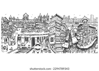 illustration of Mumbai culture, historic buildings illustration, doodles, Mumbai sketch, Mumbai Gateway, Haji Ali Mumbai.