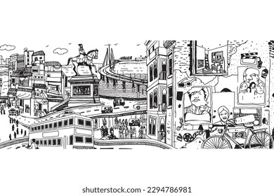 ilustración de la cultura y el estilo de vida de Mumbai, ilustración de edificios históricos, garabatos, Dadar, Bandra Bombay.