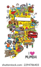 ilustración de la cultura de Mumbai, garabatos de maratón de Tata Mumbai, diseño de camisas de doodle, ilustración de Mumbai India, elementos de Mumbai.