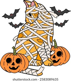 illustration of a mummy cat, bat and pumpkin