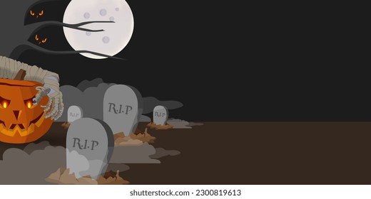 Illustration of mummy holding monster pumpkin head at cemetery during full moon. Halloween celebration horror concept. Vector Illustration