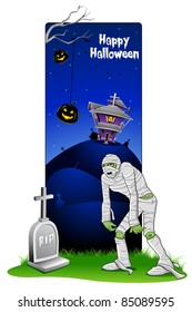 ilustración de momia caminando frente a la tumba en tarjeta de halloween