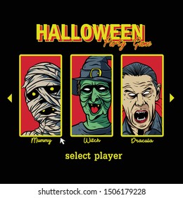 illustration of mummy , witch , and dracula in the game menu / halloween party t-shirt design