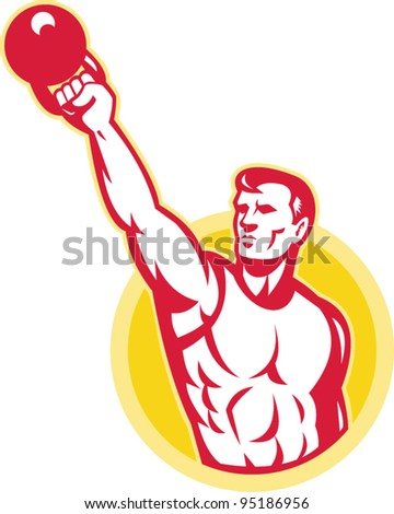 Illustration of a muscle male exercising using kettlebell on isolated background.
