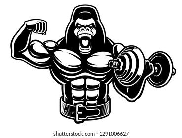 An illustration of a muscled gorilla with dumbbell on the white background, for fitness theme.