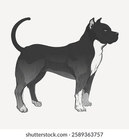 Illustration of a muscular black and white dog standing alert. The dog has a strong build, short fur, and a confident stance, showcasing its strength. Vintage animal illustration vector.