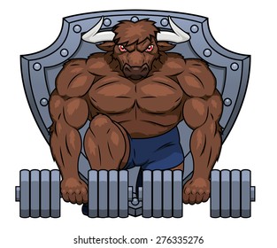 Illustration of the muscular bull lifting dumbbells