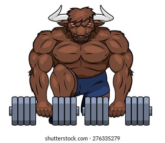 Illustration of the muscular bull lifting dumbbells