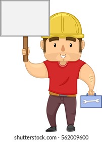 Illustration of a Muscular Construction Worker Carrying a Box of Tools Holding a Blank Board