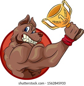 Illustration of a Muscular Dog Mascot Holding a Trophy with Number One