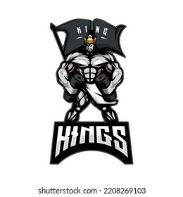 Illustration muscular King with dumbbells in his hands isolated on white background mascot logo design for team sport esport gaming