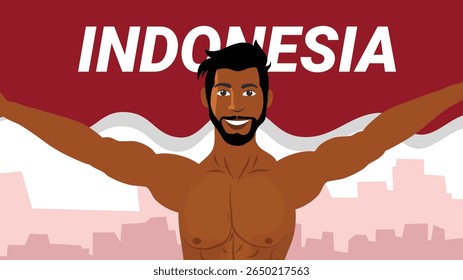 Ilustração de homem musculoso com braços abertos comemorando a independência da Indonésia orgulhosamente