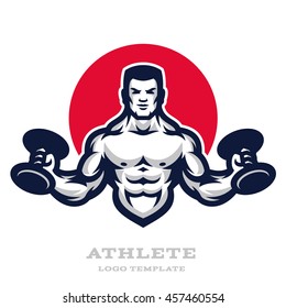 Illustration muscular man with dumbbells in his hands. Logo and mascot.