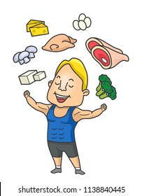 Illustration of a Muscular Man Flexing His Arms Showing Muscles with Tofu, Mushrooms, Chicken, Cheese, Eggs, Pork and Broccoli