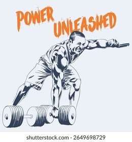 Ilustração de homem musculoso levantando halteres pesados em força de exercício pose e design de fitness