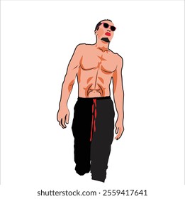 Illustration of a muscular man wearing sunglasses and beachwear, standing confidently. The artwork features a modern, clean vector design suitable for projects related to summer, beach activities.