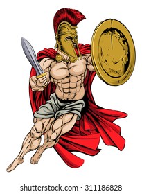 An illustration of a muscular strong Red Caped Greek Warrior