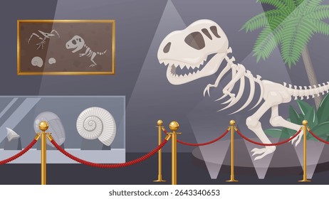 Illustration of a museum displaying dinosaur fossils_16:9
