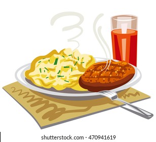 illustration of mushed potatoes with roasted cutlet