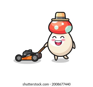 illustration of the mushroom character using lawn mower , cute style design for t shirt, sticker, logo element