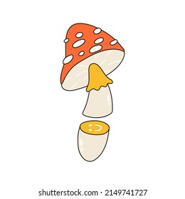 Illustration of the mushroom fly agaric. Abstract hallucinogenic mushroom with a smiling face. Vector illustration isolated on a white background. Hippie concept, 60s and 70s