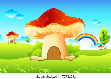 illustration of mushroom homes in beautiful meadow