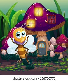 Illustration of a mushroom house with a dragonfly nearby