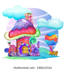Illustration of a mushroom house on a white background - Vector