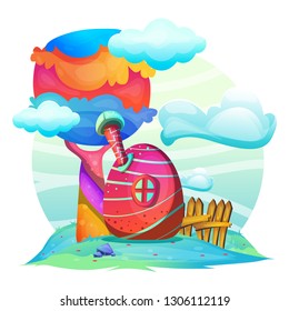 Illustration of a mushroom house on a white background - Vector