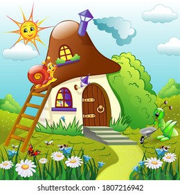 Illustration of a mushroom house with toit in the fields with camomiles and bells. Grasshopper are carrying a wheelbarrow, the snail is smiling butterflies and the bees are flying. Cartoon style