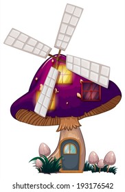 Illustration of a mushroom house with a windmill on a white background