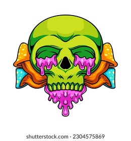 Illustration of mushroom human skull mascot character with pink liquid