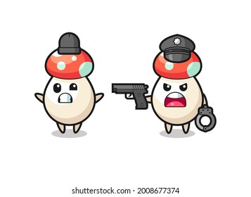illustration of mushroom robber with hands up pose caught by police , cute style design for t shirt, sticker, logo element